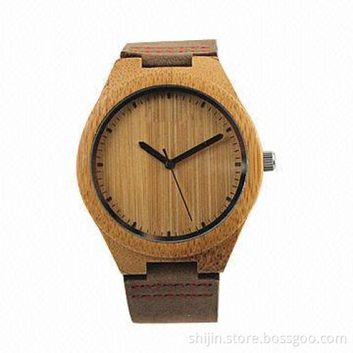 Bamboo case and genuine leather band smart wrist watches for ladies
